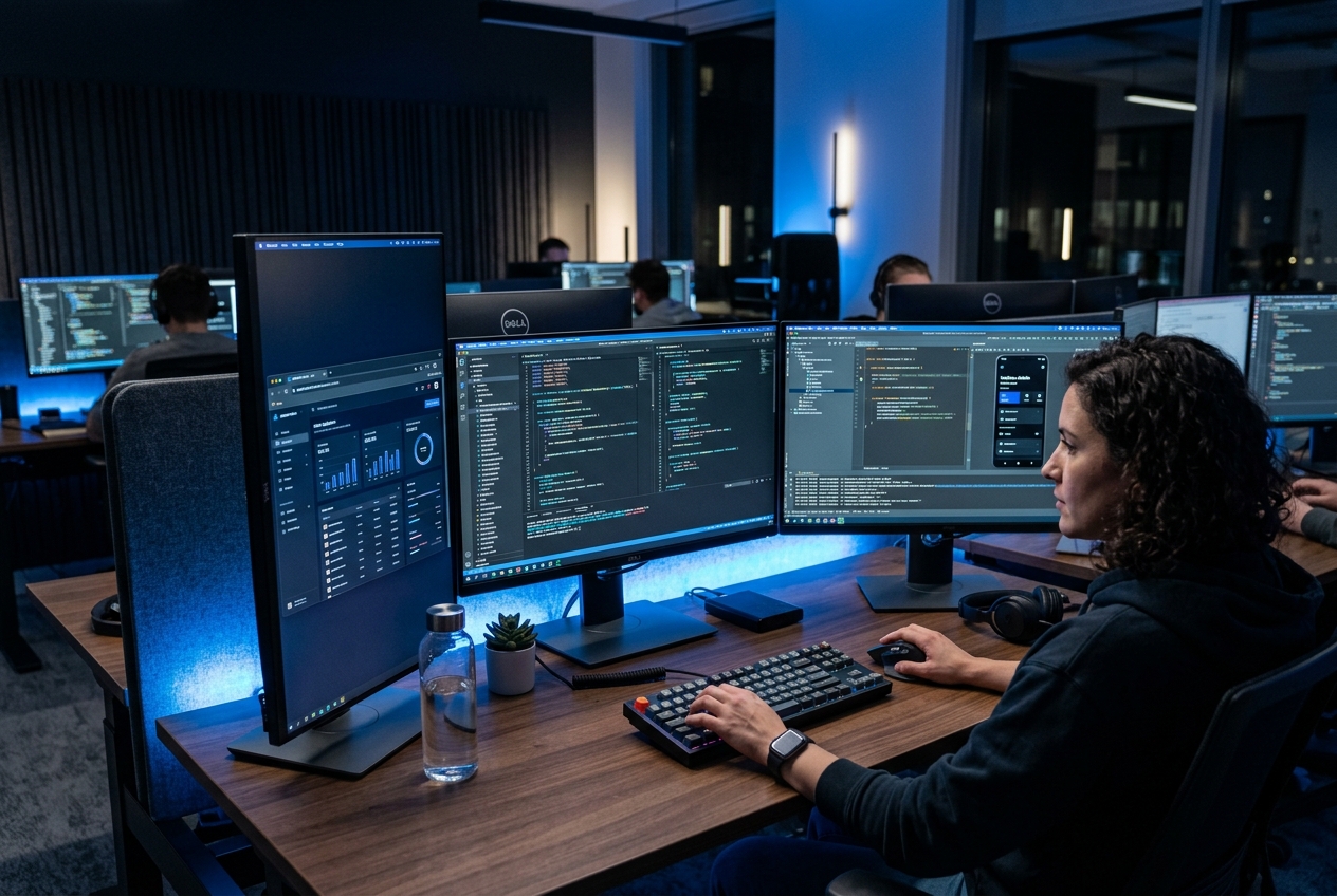 Software developer working on multiple monitors with code